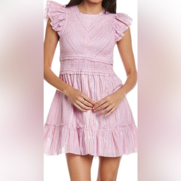 SAYLOR Blush Pink Tiered Zinnia Dress With Metallic Striped Threads Size Medium - Picture 13 of 13
